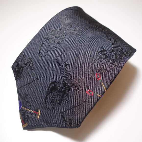 Vtg Ralph Lauren Embroidered Black On Black Equestrian Polo Player Tie Made Hand - Picture 2 of 11